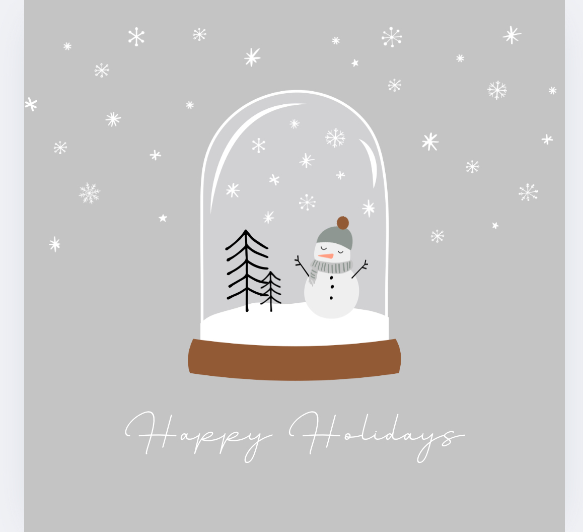 Happy holidays with a tree and snowman inside of a snow globe